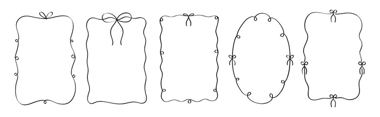 Set of elegant, whimsical hand-drawn frames featuring wavy, squiggle, and curly ribbon designs with bows in vintage and retro styles.