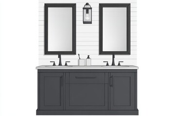 An upscale updated bathroom featuring a grey vanity wooden framed mirrors shiplap walls