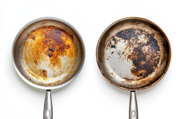 Analyze the image of a stained cooking pot before and after cleaning The dirty stainless