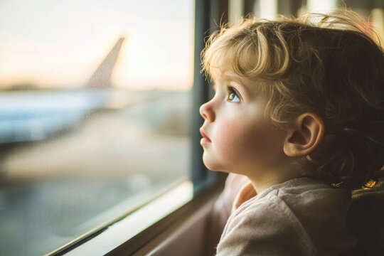 A young girl looks out a window at an airplane, with a curious expression