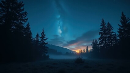 Misty Mountains. Forest bathing 8K resolution nature-based Space id Latent dlss Artlist Artgrid Dezgo Nexo crypto Sunset silhouette blue sky landscape nat