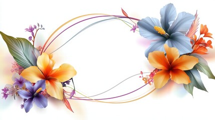 Obraz premium A colorful flower frame featuring tropical flowers and vines, forming an elegant oval with a blank space in the middle.