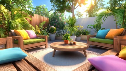Obraz premium A cozy garden setup featuring wooden patio furniture, colorful cushions, and potted plants surrounding a small coffee table.