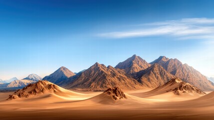 A dramatic desert mountain range with rugged peaks, sandy terrain, and warm golden hues under a cloudless sky.