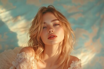 Naklejka premium Portrait of a young woman with flowing hair against a softly colored backdrop in natural light. Generative AI
