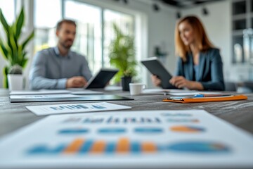 Business meeting with professionals discussing graphs and data in a modern office setting. Generative AI