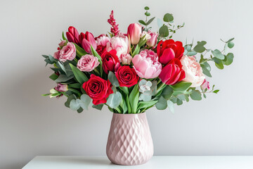 Beautiful bouquet of red and pink roses, peonies and tulips in a ceramic vase