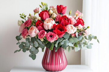 Fototapeta premium Beautiful bouquet of red and pink roses, peonies and tulips in a ceramic vase