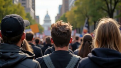 Urban Stroll. Crowd of diverse people walking city street in autumn se