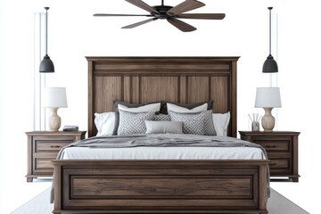Bedroom with dark wood furnishings and a ceiling fan