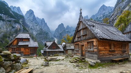 Picturesque austrian mountain village with traditional wooden homes nestled in natural beauty