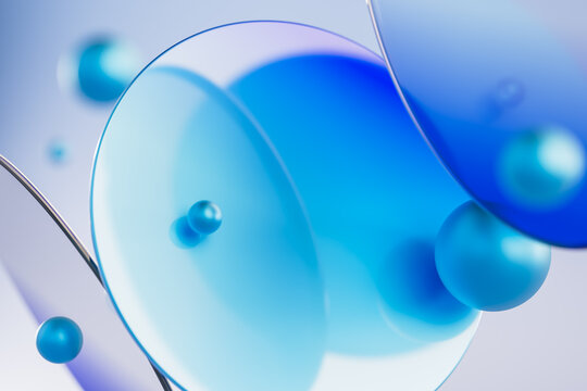 Abstract Blue Glass Shapes with Reflections and Circles