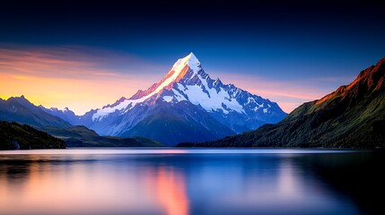 Majestic snow-capped mountain peak reflecting in a serene lake at sunset.