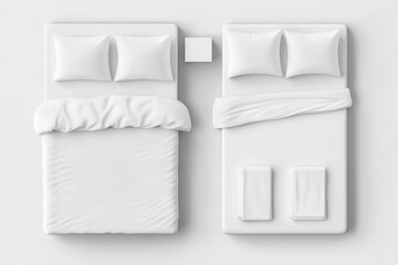 Bird s eye view of beds featuring mattresses white pillows blankets and sheets Vecto