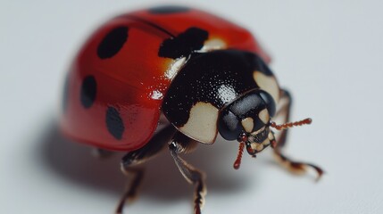 Fototapeta premium A close-up shot of a ladybug sitting on a white surface, with its red and black shell visible