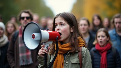 A young activist addressing the crowd with a megaphone her message clear and urgent, Professional stock photo, AI generated photograph