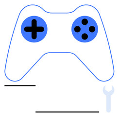 Gaming controller in blue and white with joystick-thumbs up buttons and a wrench symbol. Ideal for gaming, tech repair, game development, creativity, entertainment, customization, and abstract line