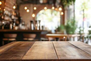 Blank wooden table backdrop with a blurred cafe scene
