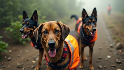 Obraz premium Forest Hikers. Airtag collar Joint supplement for dogs Dog ear cleaner GPS fence Personalized Harness Hands free leash sniffspot Pawfect House Tractive The Foggy Three alert in orange vests on trail,