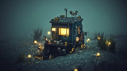 A miniature house on wheels sits in a foggy, dark landscape, illuminated by small lights.
