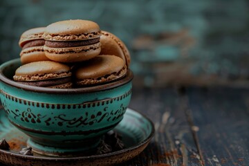 Colorful macarons in a decorative bowl  a vibrant display of sweet delights for every occasion