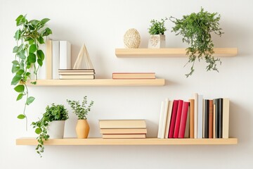 Books and decor on a shelving unit in a room