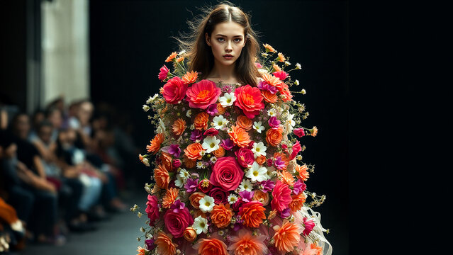 beautiful European women in a flower dress on a catwalk