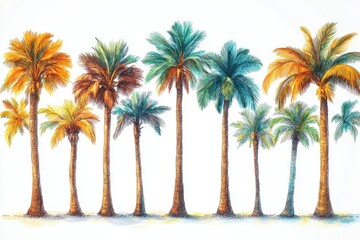 Obraz premium A row of palm trees on a beach or in a garden, suitable for use as a background or decor image