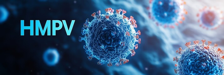 Human metapneumovirus or HMPV, virus causing upper and lower respiratory infection. 3d illustration medical imagery concept with HMPV text.