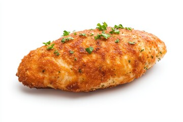 Breaded chicken breast filled with garlic herb butter on a white background