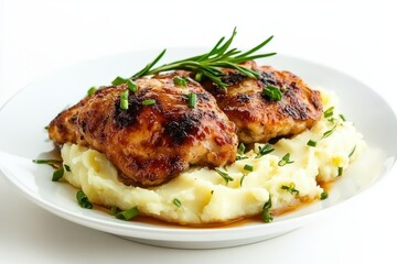 Breaded chicken patty and mashed potatoes on a white dish