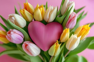 Obraz premium A pink heart surrounded by tulips in a vase