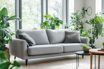 Fototapeta premium Bright living room featuring a gray couch coffee table and large window