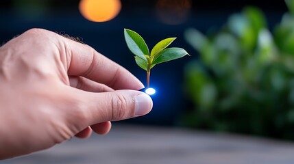 Hand holding a small plant sprout illuminated from below.
