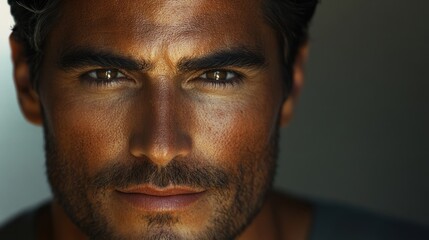 Fototapeta premium Intense close-up of a man with striking facial features and deep expressive eyes. Generative AI