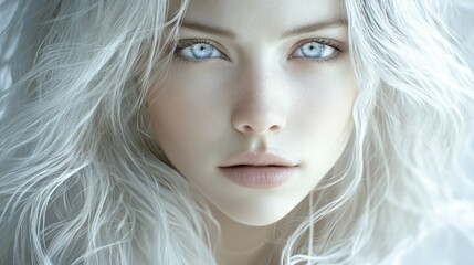 Fototapeta premium Striking portrait of a young woman with pale hair and captivating blue eyes. Generative AI