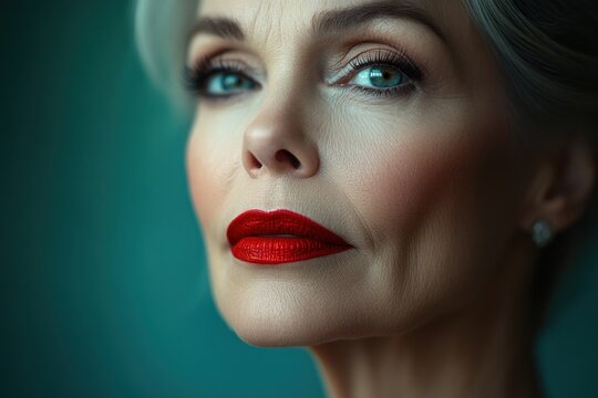 Elegant portrait of a mature woman with striking red lips and captivating blue eyes in soft lighting. Generative AI