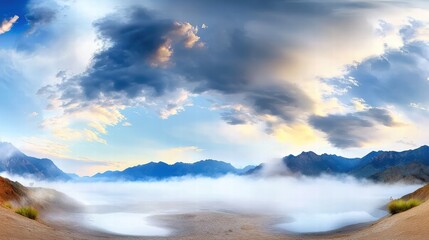 Obraz premium A panoramic shot of misty mountains under a dramatic sky, with layers of fog adding depth to the tranquil scene.