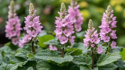 Obraz premium Close-up of delicate pink flowers with lush green foliage.