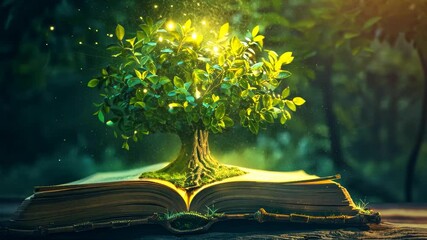 Magical tree growing from open book in forest setting, perfect for slow motion video concepts and creativity