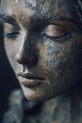 A detailed view of a female figure's face on a statue, perfect for decorative or artistic purposes