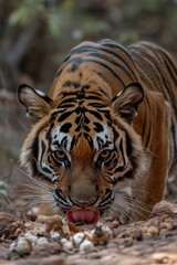 Obraz premium Close-up shot of a tiger consuming its meal in the grass