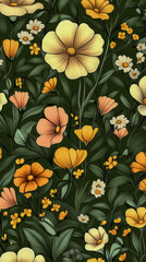 Botanical Wallpaper with Vibrant Flowers on Olive Green Background