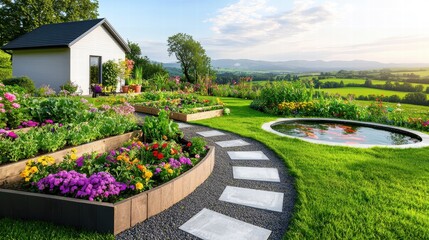 Obraz premium A peaceful family garden with a flower-lined pathway, raised vegetable beds, and a small pond with koi fish.
