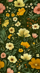 Botanical Wallpaper with Vibrant Flowers on Olive Green Background