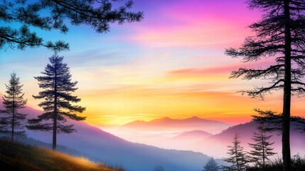 Fototapeta premium A peaceful scene of a sunrise in the mountains, with tall trees framing the view and vibrant colors in the sky.
