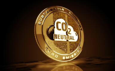 CO2 Neutral and eco friendly golden coin 3d illustration