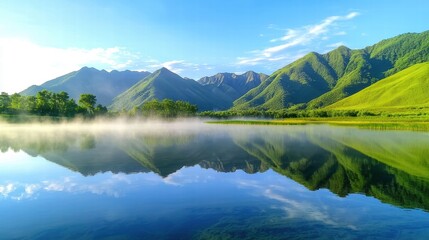 Naklejka premium A peaceful view of green mountains reflected in a crystal-clear lake, with mist gently rising in the early morning.