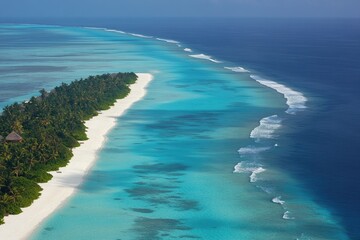Aerial view of a tropical island with white sand and blue water, suitable for travel or resort advertising