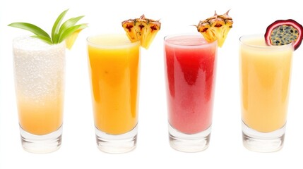A colorful assortment of tropical fruit drinks in tall glasses.